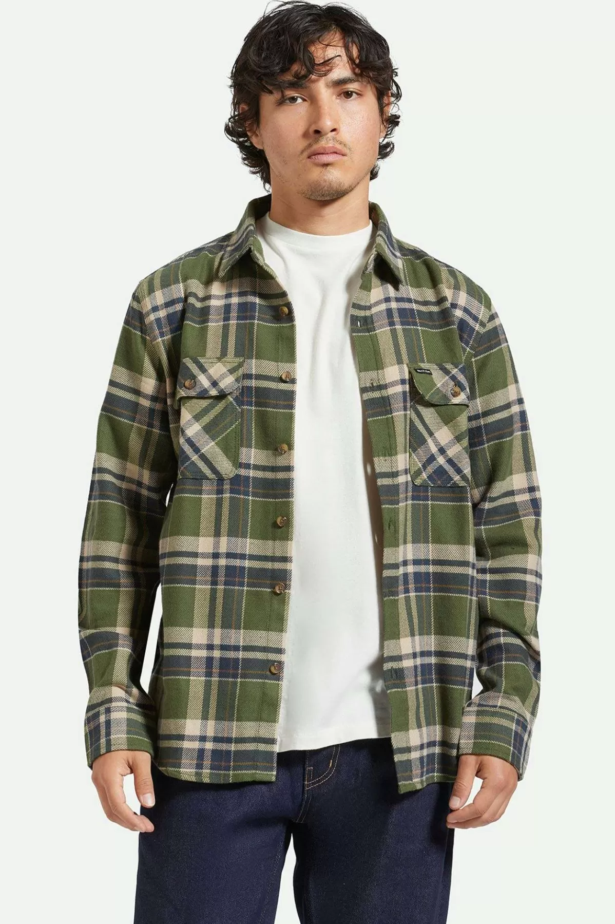 Flannels | Button Ups-Brixton Bowery L/S Flannel Cypress Green/Washed Navy/Whitecap