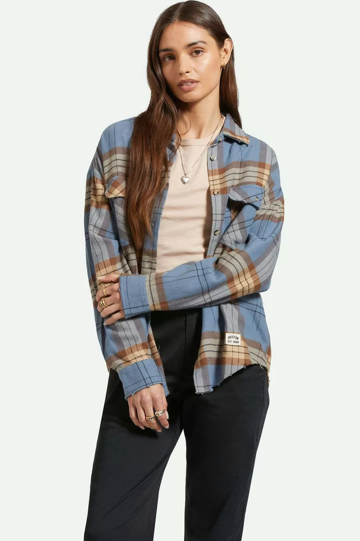 Flannels | Tops-Brixton Bowery Women's Classic L/S Flannel Flint Blue/Pinecone Brown Plaid