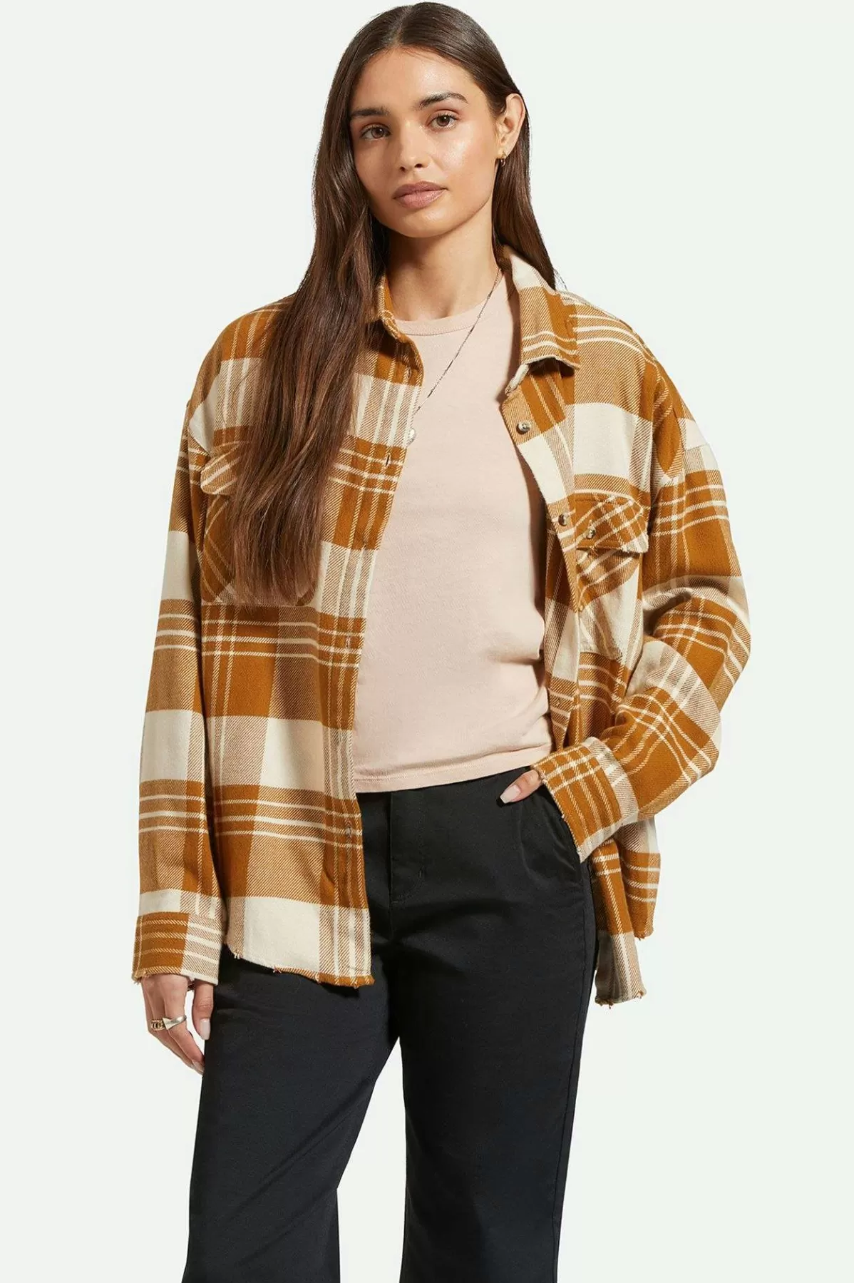 Flannels | Tops-Brixton Bowery Women's Classic L/S Flannel Washed Copper/Whitecap