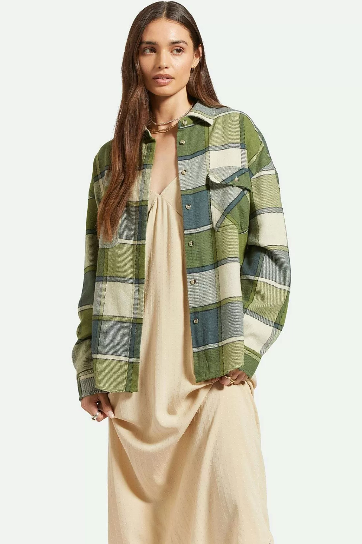 Tops | Flannels-Brixton Bowery Women's Classic L/S Flannel Blue Mirage/Dill Plaid