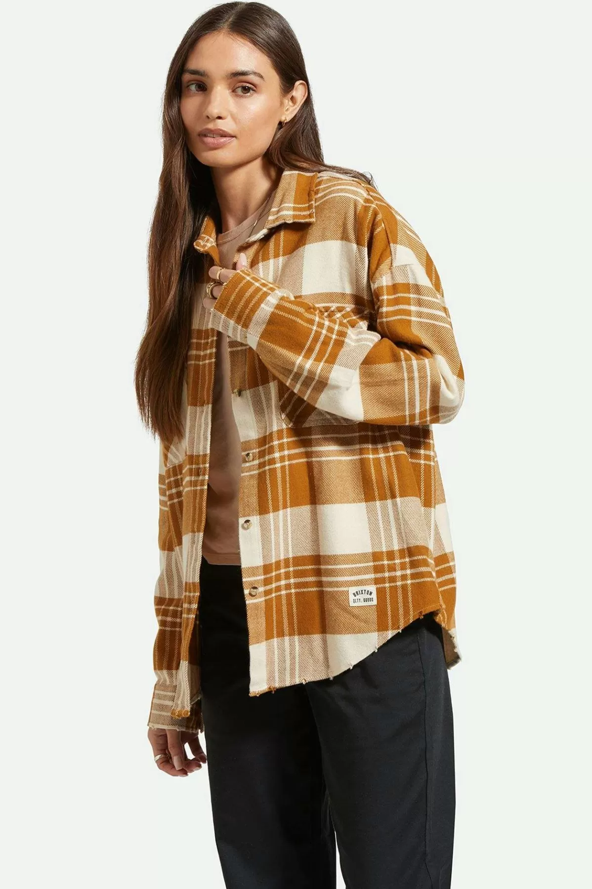 Flannels | Tops-Brixton Bowery Women's Classic L/S Flannel Washed Copper/Whitecap