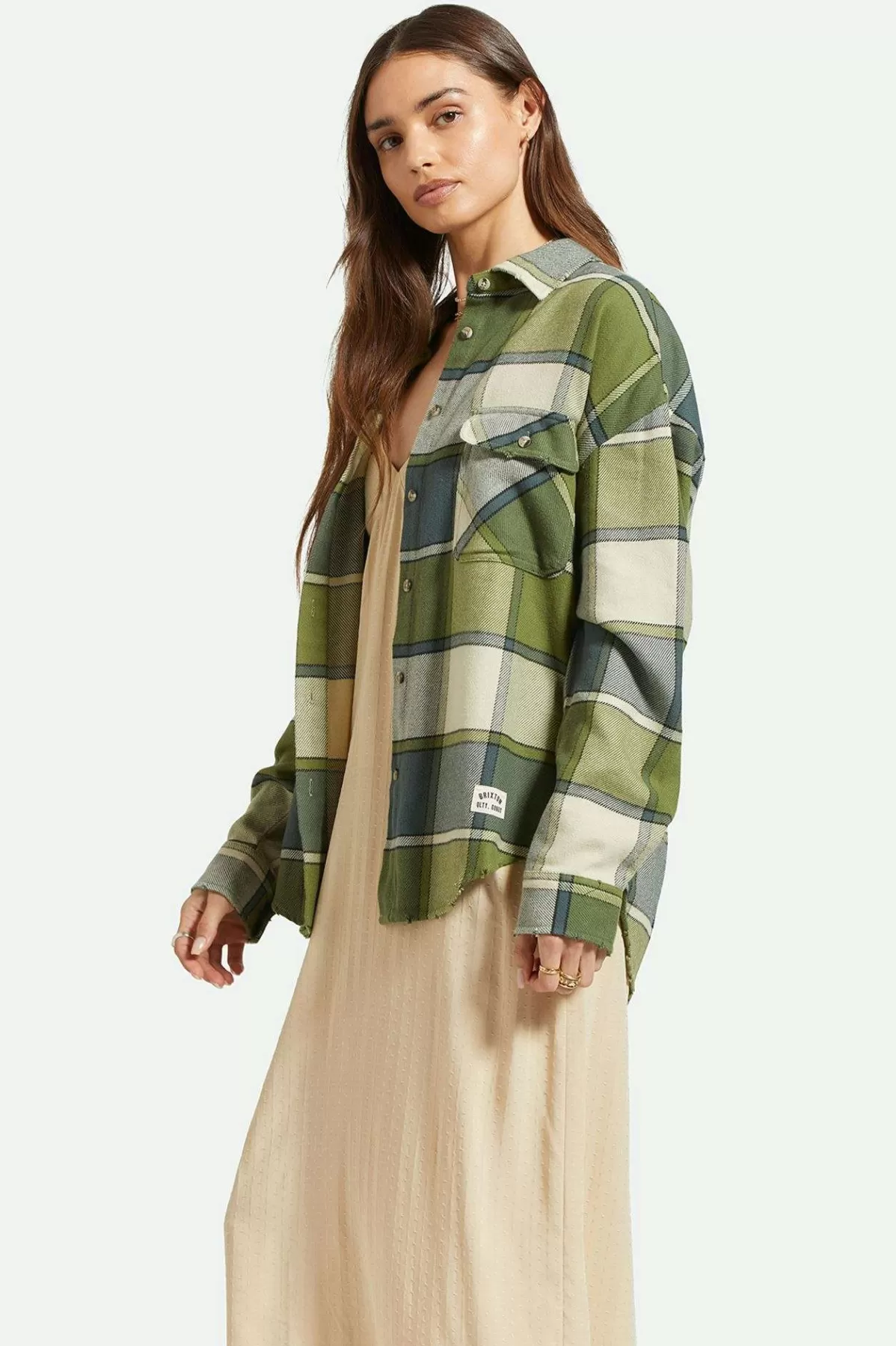 Tops | Flannels-Brixton Bowery Women's Classic L/S Flannel Blue Mirage/Dill Plaid