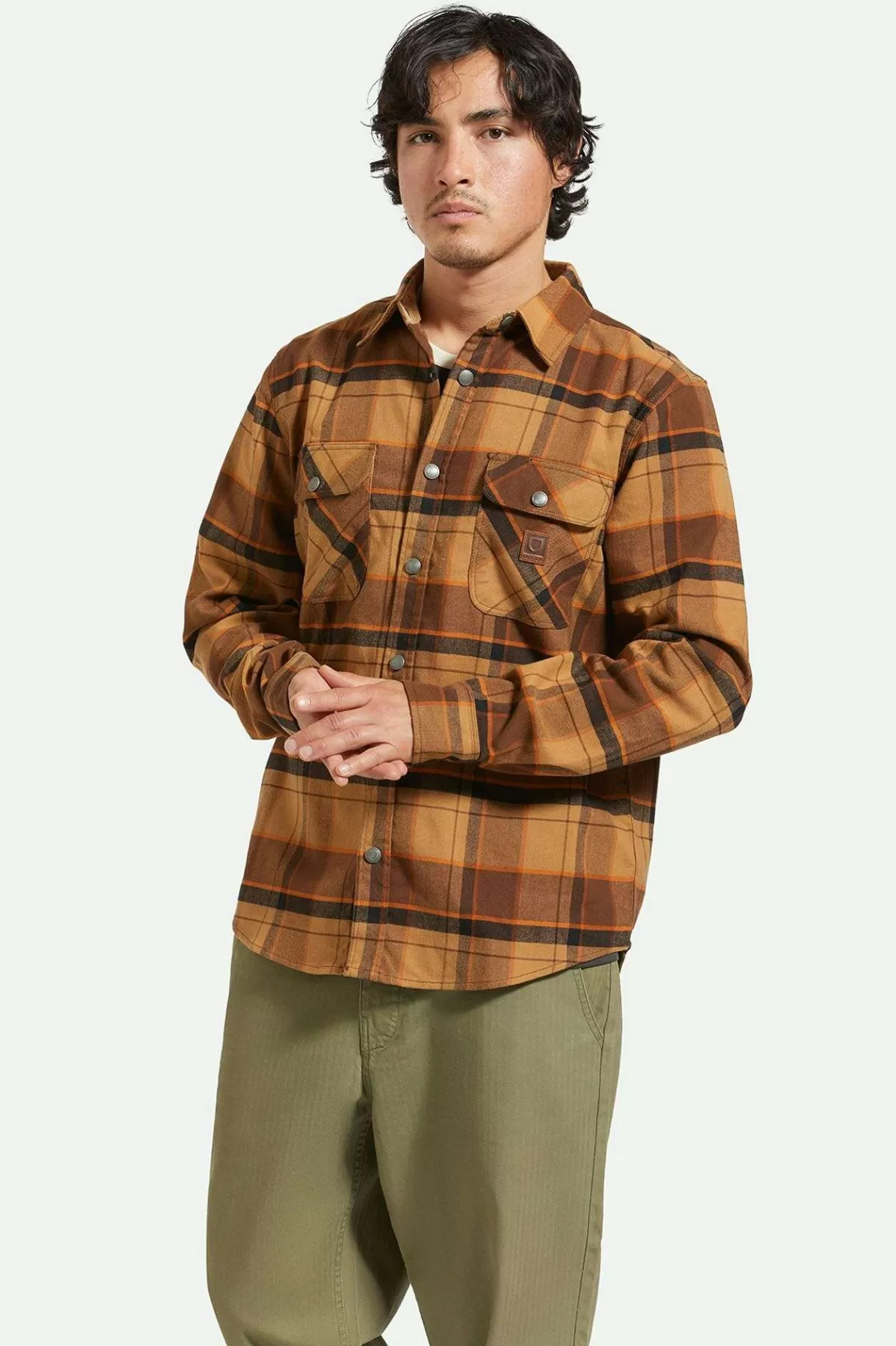 Flannels | Button Ups-Brixton Builders Bowery Stretch Water Resistant L/S Flannel Burro Brown/Pinecone Brown/Black