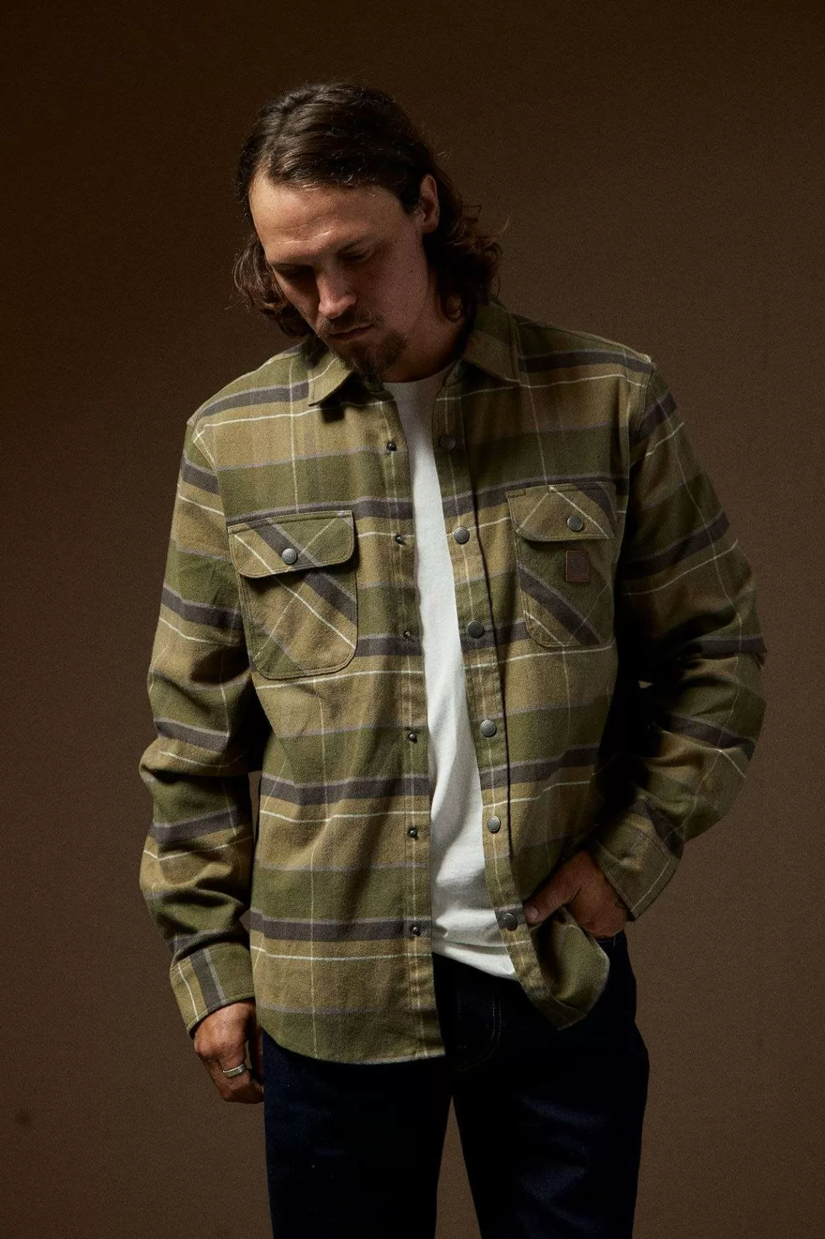 Flannels | Button Ups-Brixton Builders Bowery Stretch Water Resistant L/S Flannel Dill/Olive Surplus/Washed Black