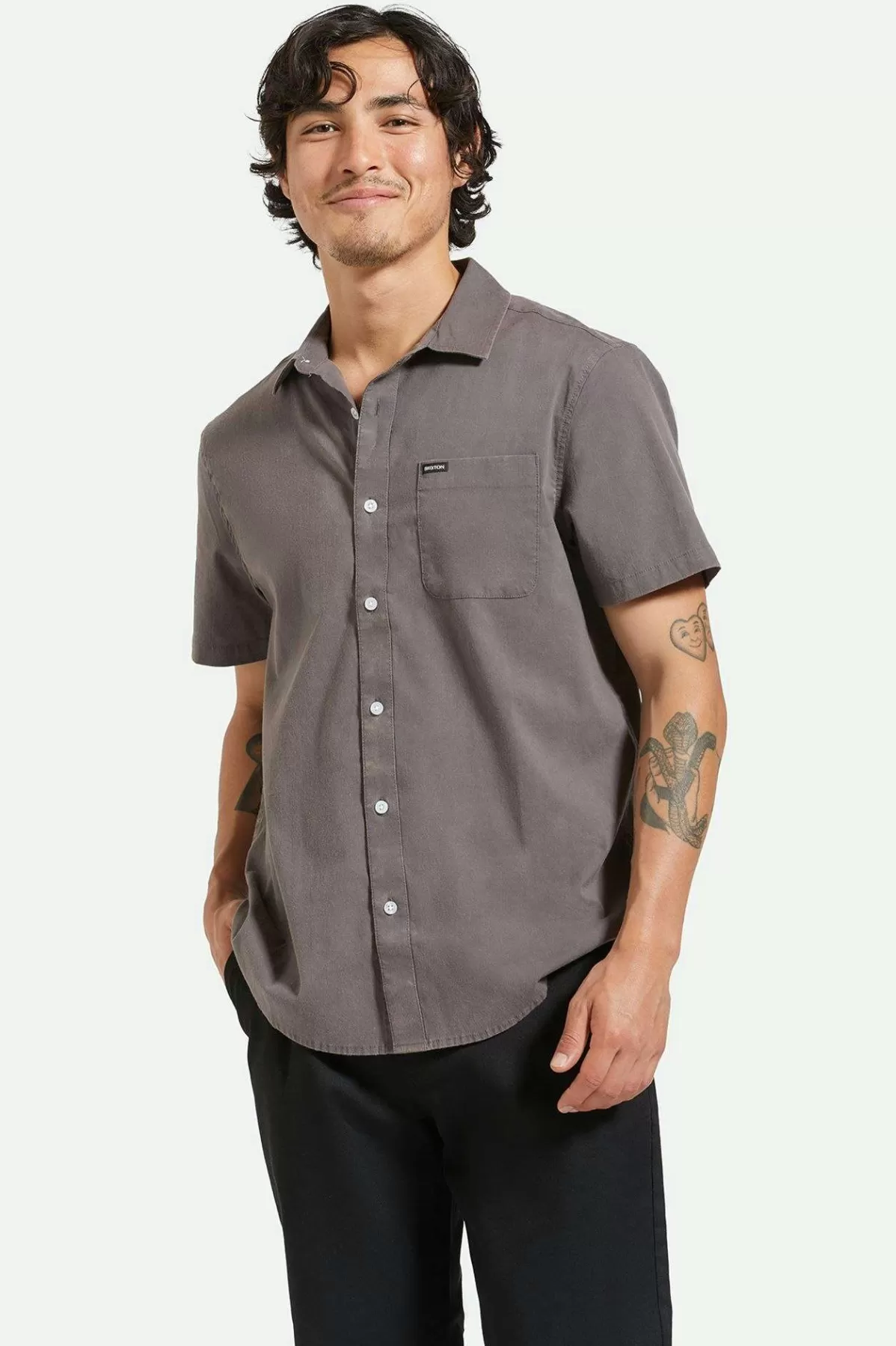 Button Ups-Brixton Charter Sol Wash S/S Woven Shirt Charcoal Sol Wash