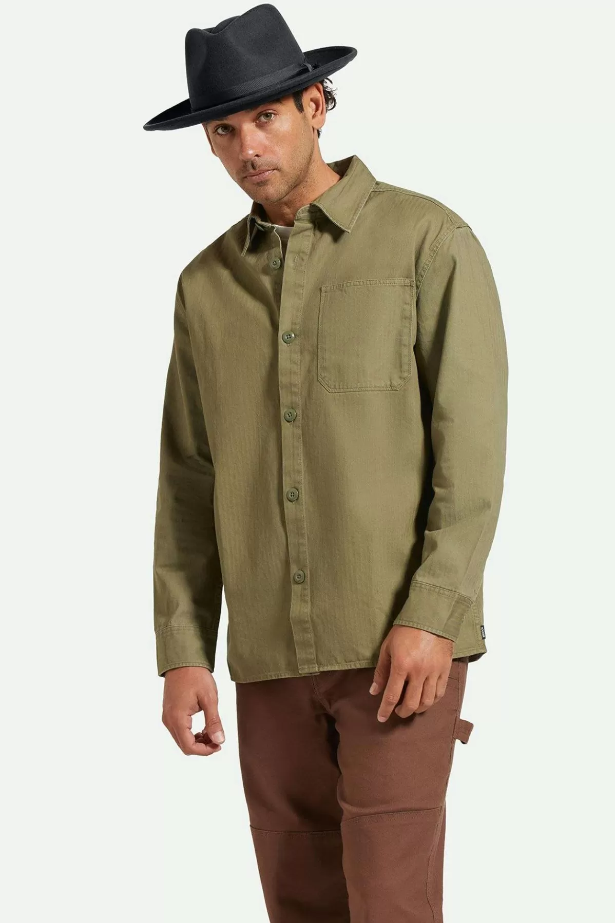 Button Ups-Brixton Selden L/S Overshirt Olive Surplus Worn Wash