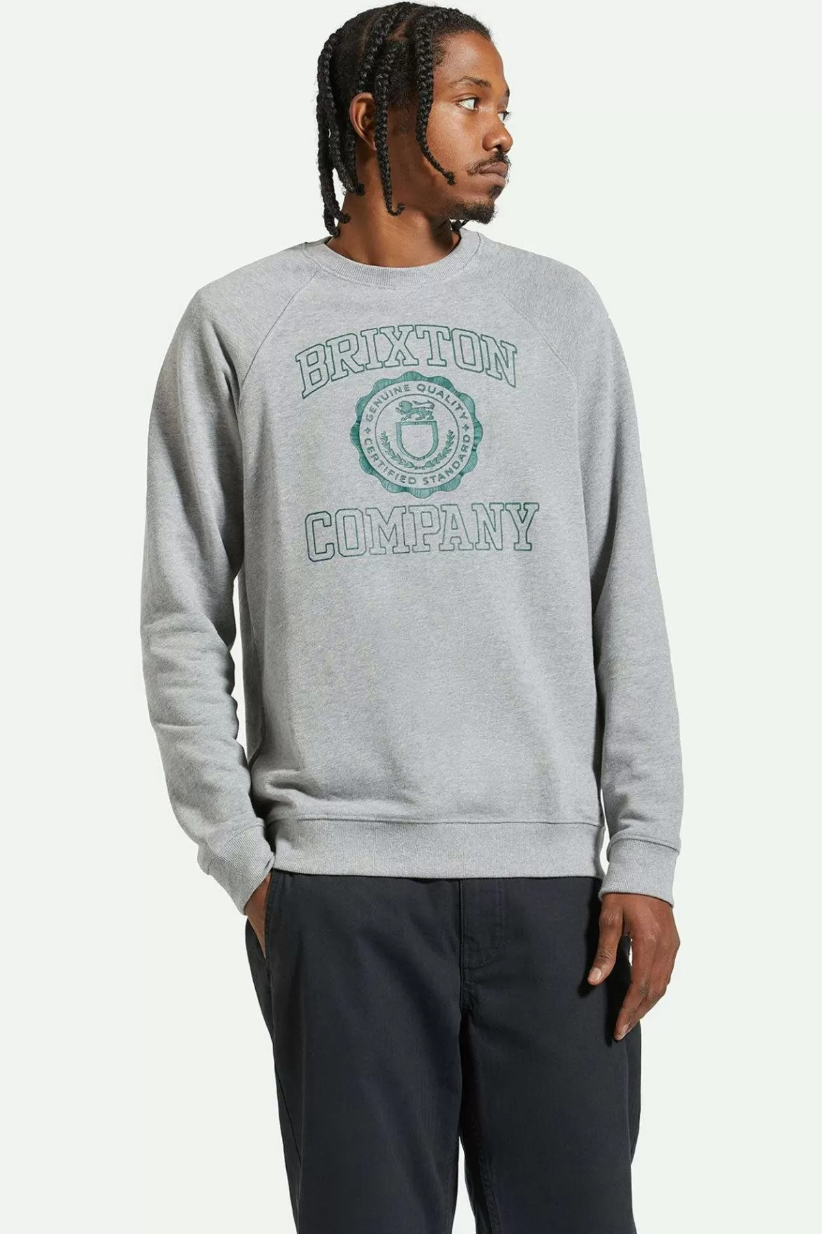 Sweatshirts & Hoodies-Brixton University Broken In Crew Heather Grey/Pine Needle