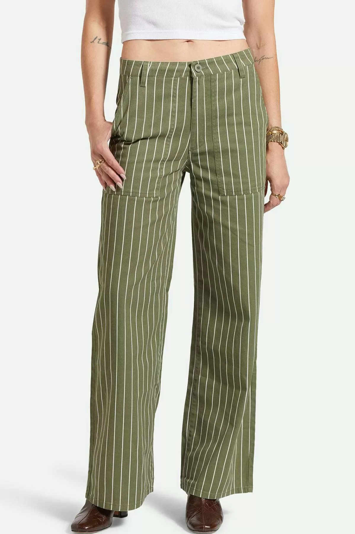 Pants & Shorts-Brixton Vintage Military Lightweight Pant Olive Surplus/Whitecap Pinstripe